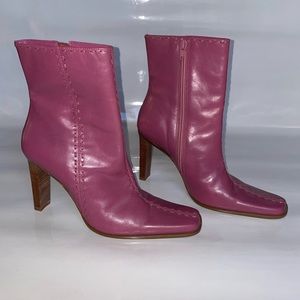 mauve pink leather square toe ankle heeled boots made in Brazil by diba shoes